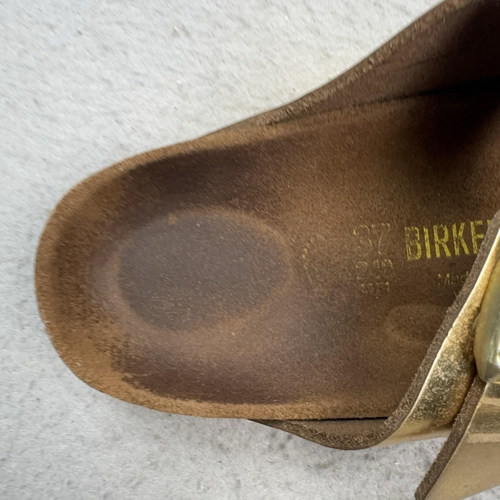 Birkenstock Arizona Shoes Womens Size 6 Gold Slide Sandals Cork Footbed Comfort - Picture 8 of 16